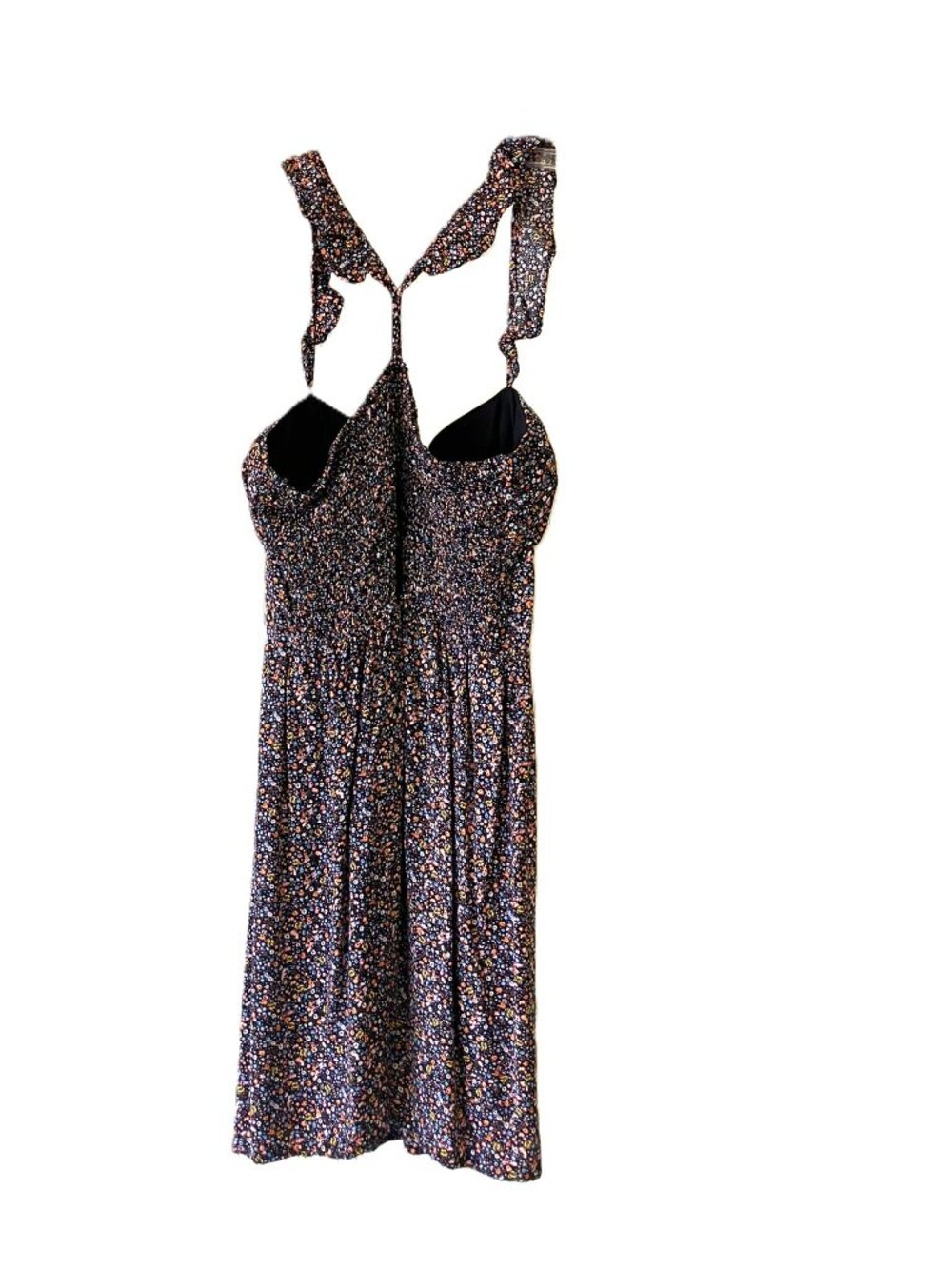 A.U.W. Floral Mini Dress Black Size XL Smocked Ruffle Straps Stretchy - Picture 2 of 11